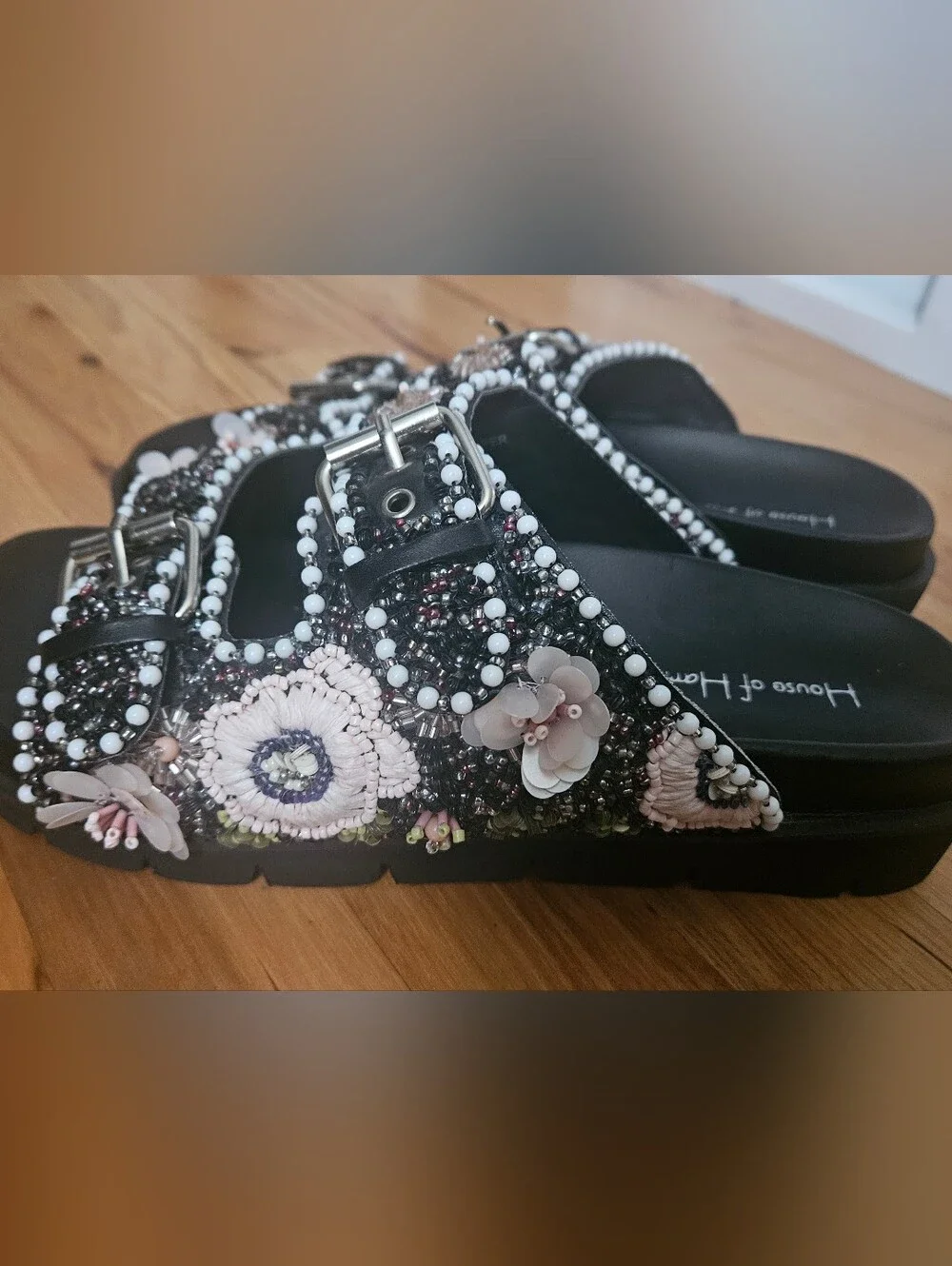 House of Harlow 1960 Black Beaded Floral Buckle Slide Sandals